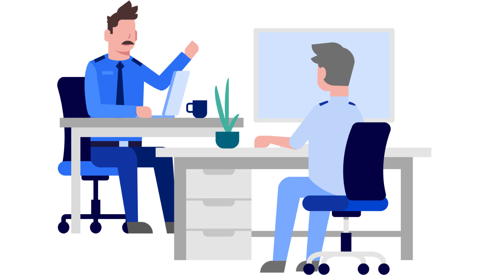 Illustration mit zwei Personen an Schreibtischen Illustration mit zwei Personen an Schreibtischen
